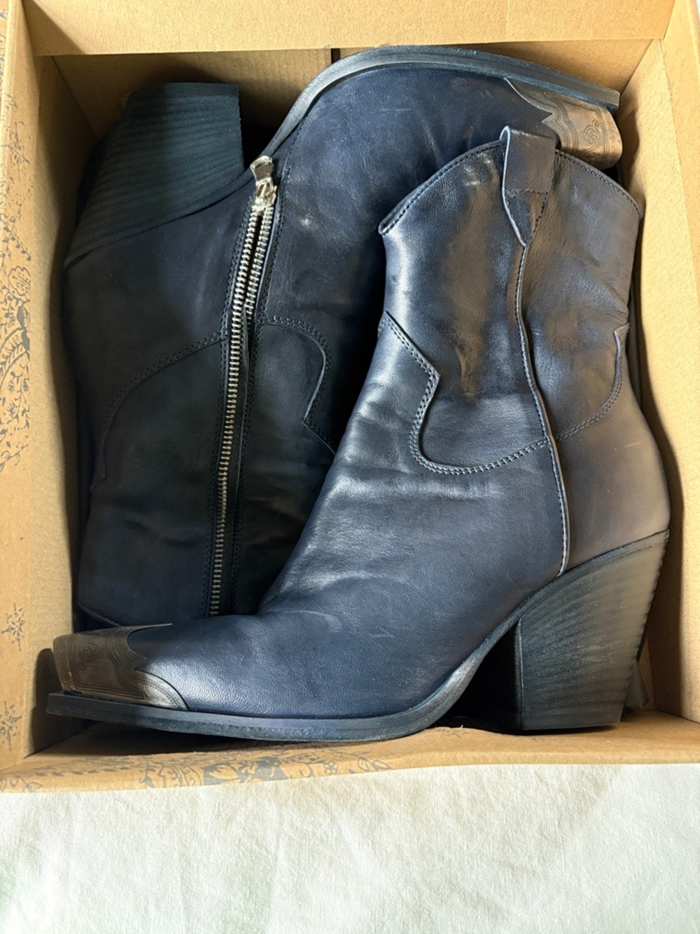 Free People Brayden Navy Leather Western Ankle Boots